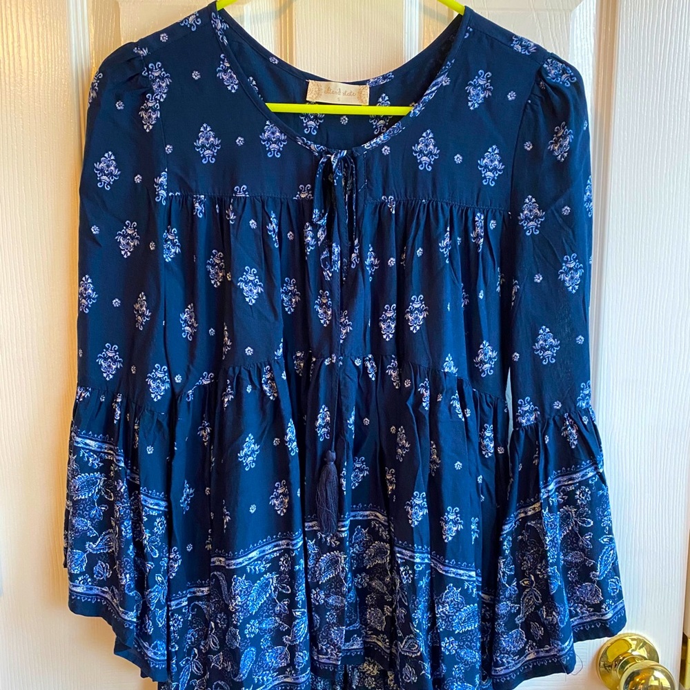 Navy Blue Floral Blouse with Flutter Sleeves
